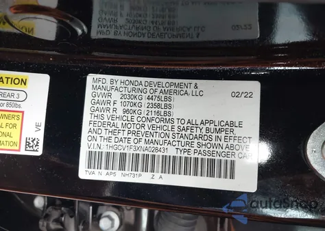 2022 Honda Accord Sport z USA, uszkodzony, nr VIN 1HGCV1F3XNA028431